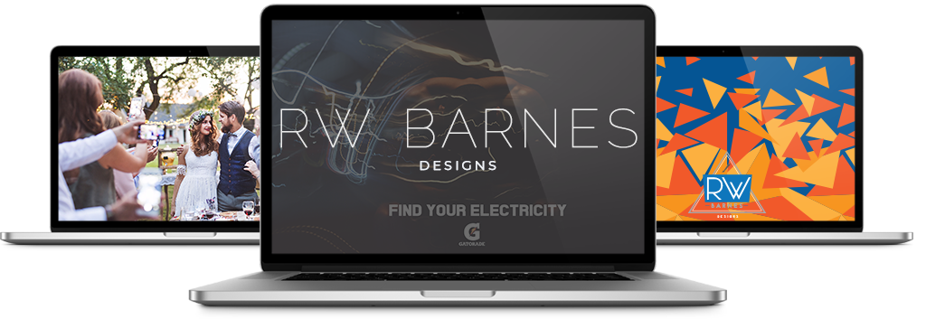 A laptop screen with the words " rw barnes designs " on it.